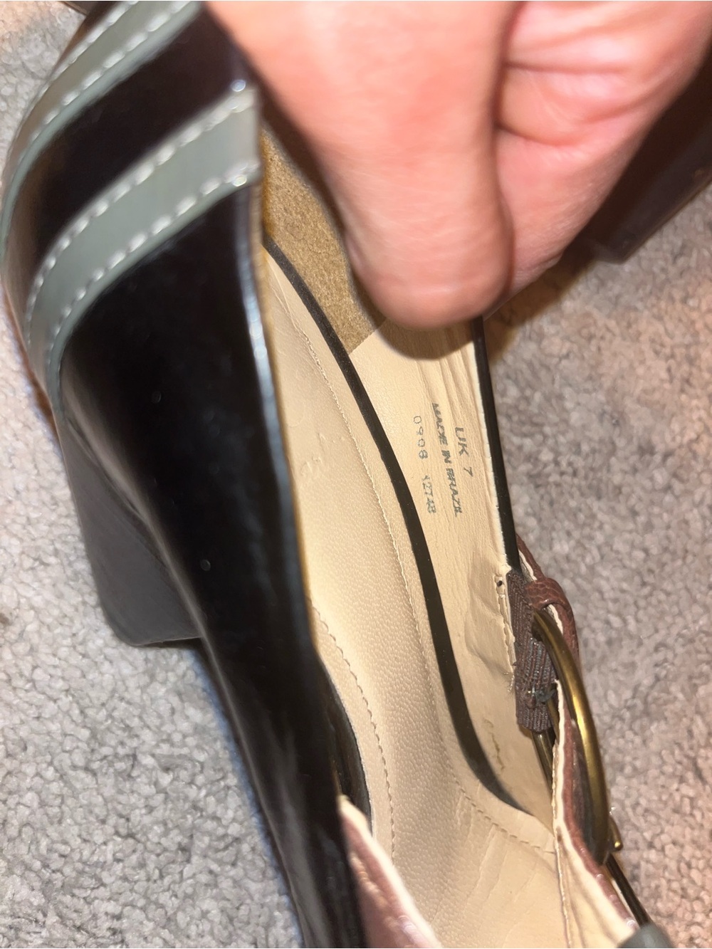 Clarks Black Leather Mary Jane Heels with Brown Strap - Picture 6 of 6